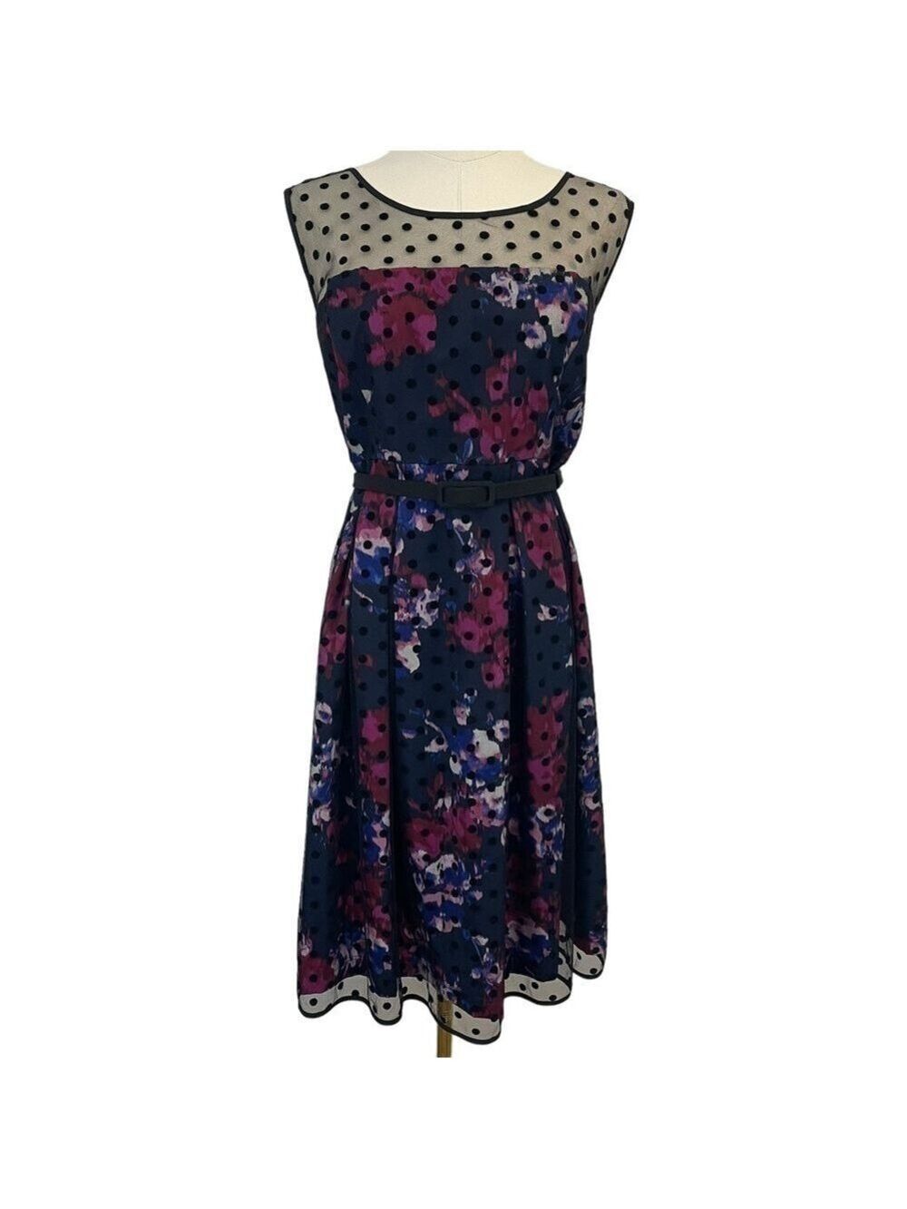 Motherhood Maternity Floral Dress Sz L Navy Blue Pink Sleeveless Knee Length EUC